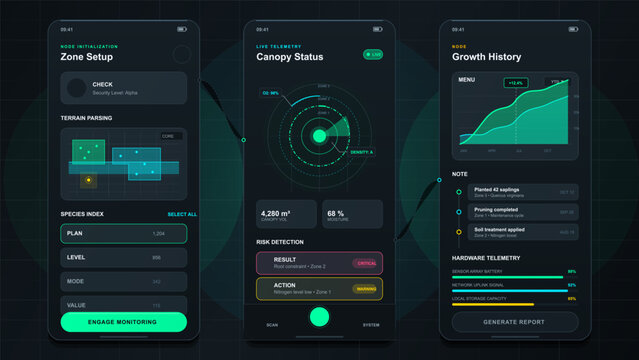 Tree canopy monitoring mobile app screens with zone setup, live telemetry, growth history, risk alerts and hardware status on dark interface