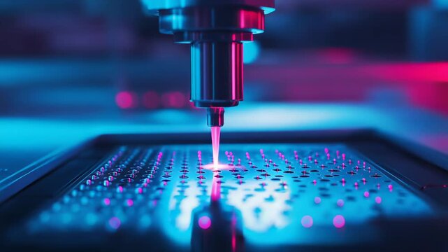 Advanced automated laser machine fabricating materials with precision in a modern laboratory setting, highlighting concepts of technology, science, and innovation