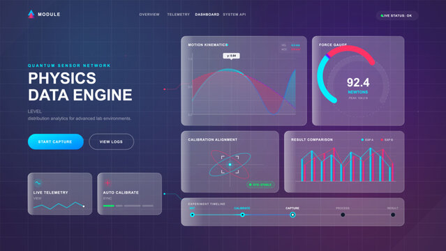 Futuristic physics data engine landing page with lab sensor dashboard, force gauge, motion charts and calibration panels on dark grid background