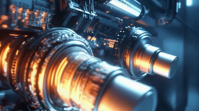 Futuristic engine core pulsing with vibrant orange energy, creating a dynamic technological backdrop filled with intricate metallic machinery and glowing elements