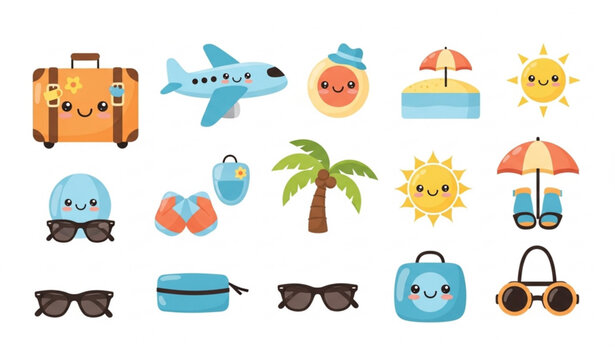 Colorful flat vector icons of beach umbrella, suitcase, airplane, and sun.