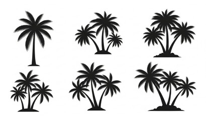 Different arrangements of black palm tree silhouettes for summer designs. © MstNadiya