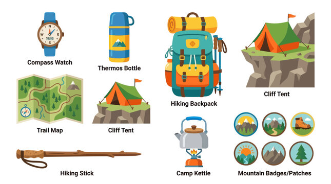 Outdoor Adventure Hiking and Camping Gear Flat Vector Illustration Set with Essential Equipment