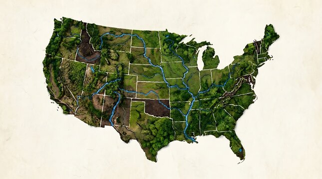 Detailed topographical map of the contiguous United States showcasing diverse natural landscapes, rivers, and state borders with textured surfaces.