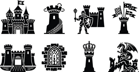 Medieval castle icons set, black silhouette fortress and knight vector elements, fantasy kingdom architecture with dragon and crown graphics © Fahad