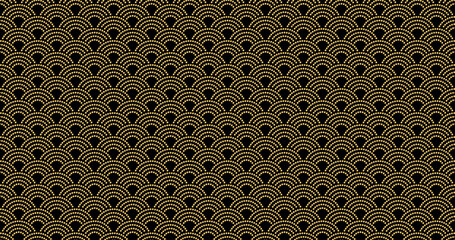 Golden fish scale pattern with dot texture. Luxurious mermaid skin design featuring scallop motifs and oriental ornamental elements for elegant backgrounds. © 2olotarev