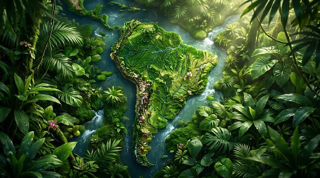 An aerial view of the South American continent formed by a vibrant, dense green rainforest and winding rivers, symbolizing nature's abundance.