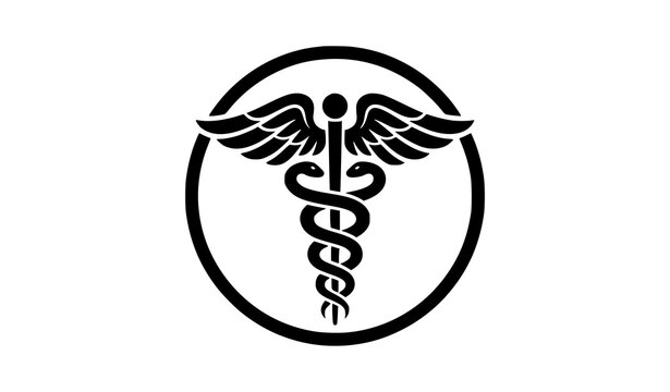 Professional medical caduceus symbol enclosed in a circular black frame.