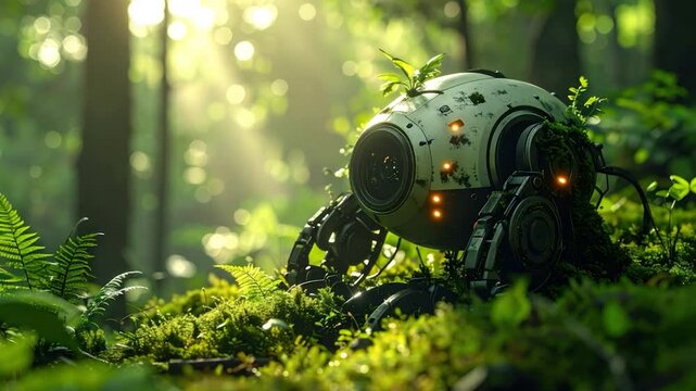 A robot, half-covered in moss, rests in a sunlit forest, surrounded by lush greenery