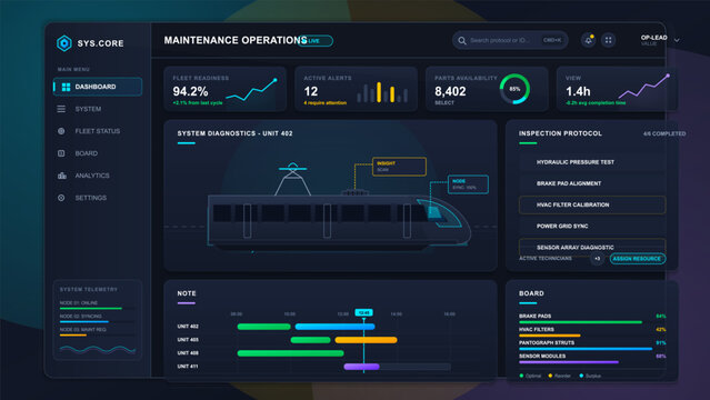 Dark train maintenance operations dashboard with vehicle diagnostics, inspection protocol, parts availability, fleet readiness and repair timeline