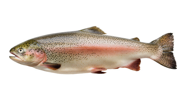Fresh rainbow trout with pink stripe and black spots, isolated on transparent background