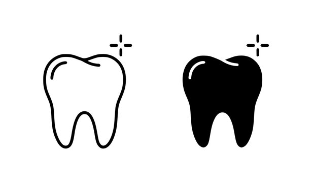 Clean black and white silhouettes of healthy teeth with sparkles representing hygiene.