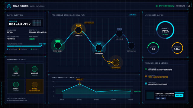 Futuristic food traceability batch dashboard with processing route map, sensor gauges, compliance checks, logs, and temperature telemetry.