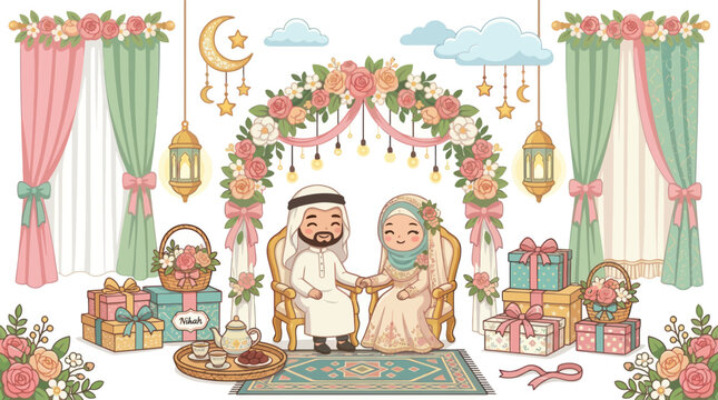 Cute Cartoon Islamic Wedding Ceremony Illustration with Muslim Bride and Groom and Festive Decorations