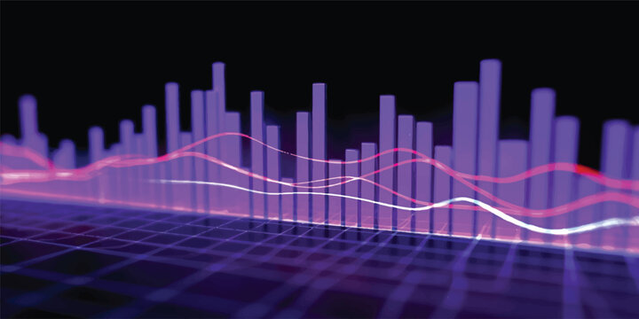 A professional 3d business illustration of a blue stock market growth chart and financial data bar graph showing investment success over a modern city building concept