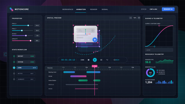 Futuristic component animation timeline editor dashboard with spatial preview, property sliders, easing curve, resource metrics, and track controls.