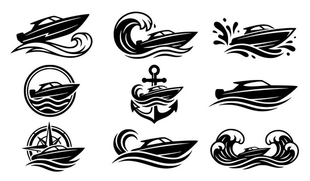 Black and white emblems of speedboats, anchors, and ocean waves.