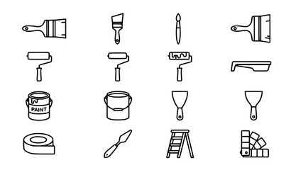 Large collection of painting and decorating icons including ladders and rollers. © MstNadiya