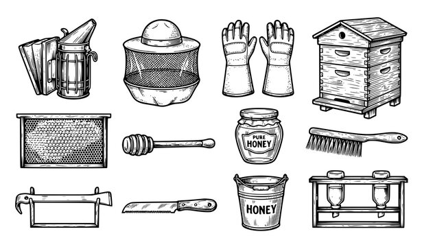 Line art set of apiculture tools including hives, honey jars, and bee suits.