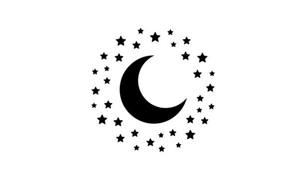 Minimalist black silhouette of a crescent moon surrounded by a circular pattern of stars.