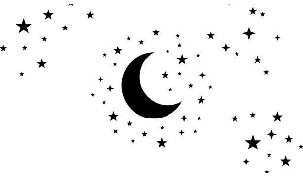Vector art of a crescent moon amidst a scattered starry background.