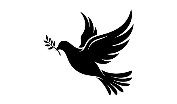 Clean black silhouette of a soaring bird with an olive leaf in its beak.