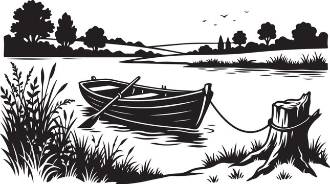 Black and white, vintage boat, tied to tree stump, serene lake scene, vector illustration