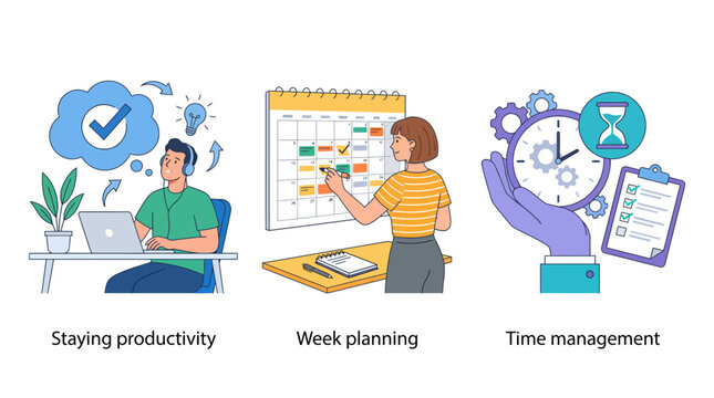 This illustration captures a focused individual at a desk, utilizing a planning calendar to stay productive and manage time effectively while balancing work and personal life.