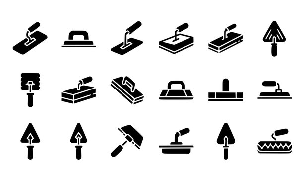 Set of black icons for masonry and plastering tools like trowels and scrapers.