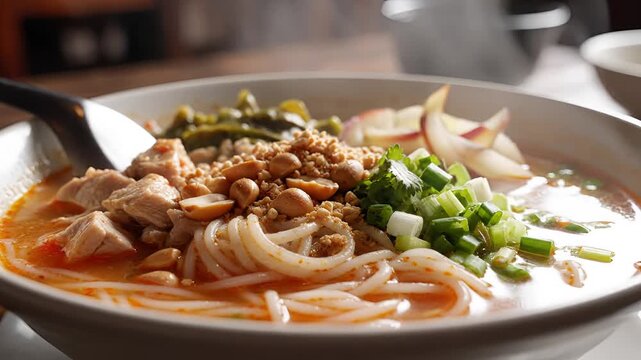 Delicious Bowl of Asian Noodle Soup with Chicken and Green Onions.