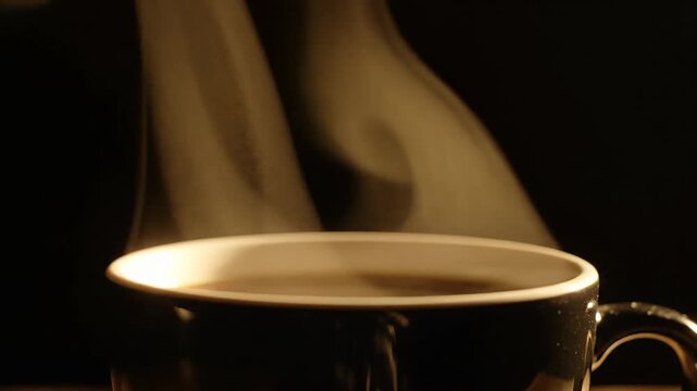 Cangkir Kopi Panas Beruap. Gambar menampilkan close-up cangkir kopi hitam dengan uap tebal yang mengepul di latar gelap, menciptakan kesan hangat, nyaman, dan premium yang cocok untuk promosi minuman 
