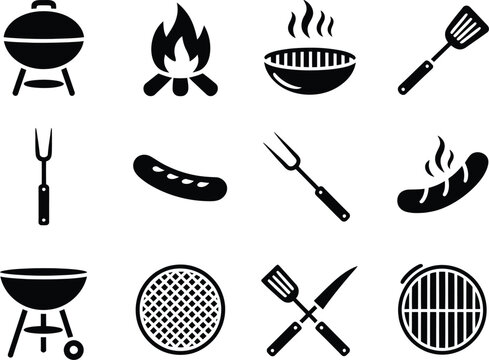 BBQ grill icon design with barbecue equipment sausages flame and outdoor cooking vector elements