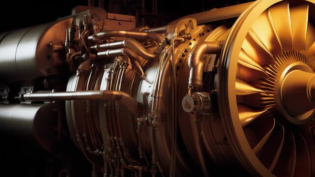 Industrial turbine engine showcasing intricate metallic components, complex piping, and a large fan, representing advanced engineering, power generation, and high performance machinery