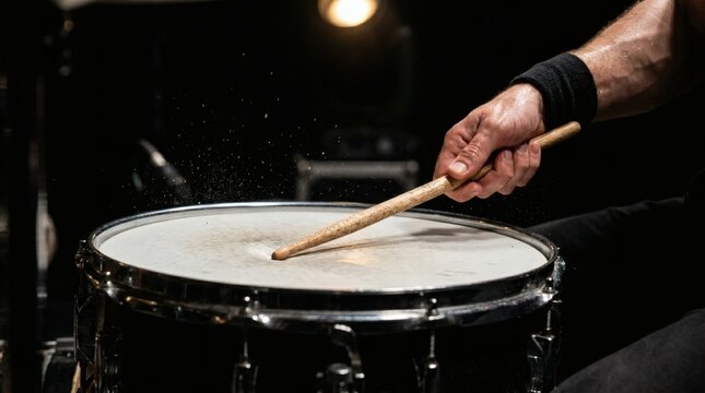 Focused Drummer Hand Striking Snare Drum on Dark Stage