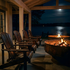 Fototapeta premium Enjoy a cozy night by the lake with a fire pit and Adirondack chairs on a rustic patio. Beautiful moonlight reflects on the water, creating a peaceful, luxury vacation atmosphere for relaxation.