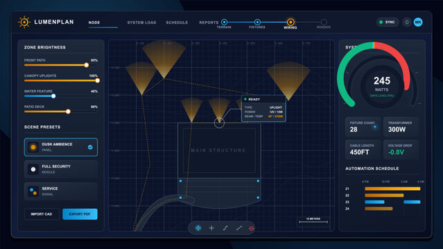 Dark vector landscape lighting planner dashboard showing site map, brightness controls, fixture wiring, system load gauge, and automation schedule