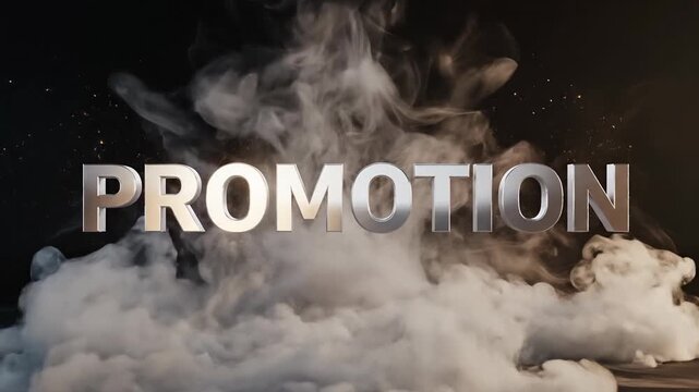 Banner Teks Promotion Efek Asap. Visual tipografi bertuliskan "PROMOTION" dengan efek asap putih tebal di latar gelap, cocok untuk materi promosi, kampanye diskon, iklan digital, atau header konten pe