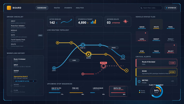 Dark vector dashboard for school bus routing operations with live topology map, vehicle metrics, driver checklist, stop sequences, and alerts