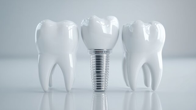 Jaw model showing dental implant fixture and crown between natural tooth on white reflective surface, representing dental implant planning and prosthetic restoration.
