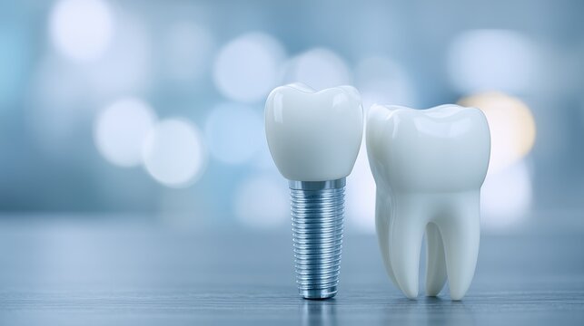 Dental implant with abutment next to natural tooth on clinical blue background representing implant planning and restorative dentistry workflow.