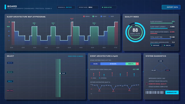 Dark vector sleep study analytics dashboard showing hypnogram, quality score, EEG channels, respiratory events, SpO2 trends, and diagnostics