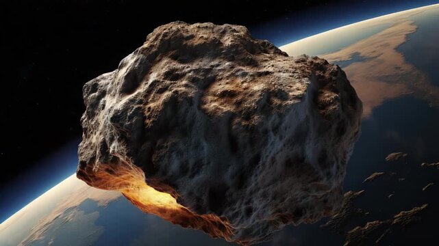 Large asteroid entering the blue planet atmosphere, generating intense heat and a fiery glow, indicating an incoming danger and potential cosmic impact from space