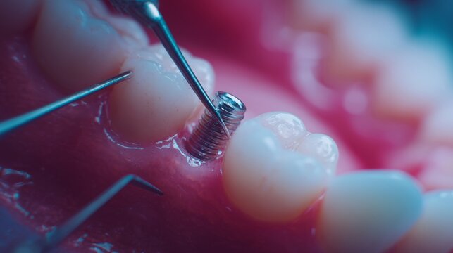 Close up of a dental implant titanium screw placed in gum near tooth during oral surgery, showing dental instrument and peri implant tissue.