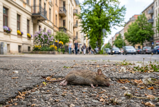 In a street, a dead mouse lies on the ground near buildings and near people walking by in a busy urban area