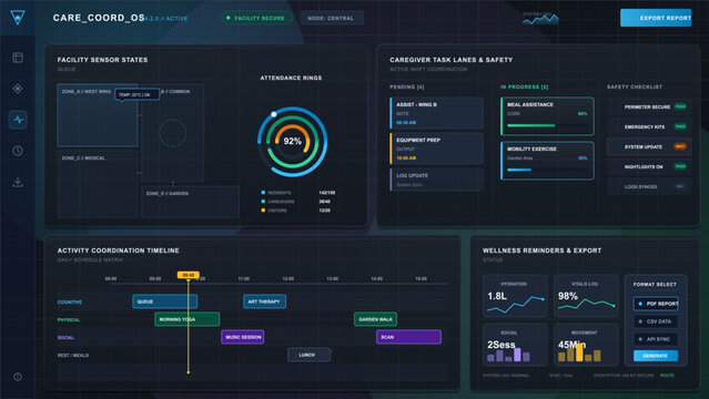 Dark vector senior care dashboard showing facility sensors, attendance rings, caregiver task lanes, activity timeline, and wellness export