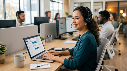 Obraz premium Smiling Customer Support Agent in Modern Office