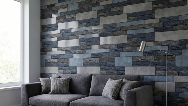 Contemporary Brick Mosaic Design
&ldquo;Contemporary mosaic brick wall with staggered rectangular panels, rough stone texture mixed with smooth cement tiles, dark gray and blue highlights, stylish urban int