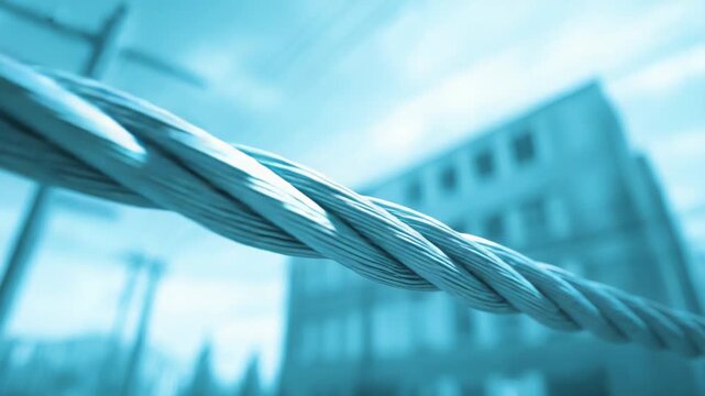 Steel cable rope under tension spans an urban skyline, highlighting industrial strength and connectivity in the electric grid and communication networks with a cool blue tone