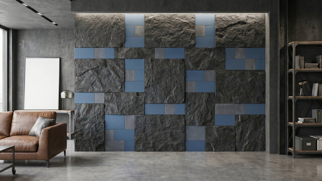 Contemporary Brick Mosaic Design
&ldquo;Contemporary mosaic brick wall with staggered rectangular panels, rough stone texture mixed with smooth cement tiles, dark gray and blue highlights, stylish urban int