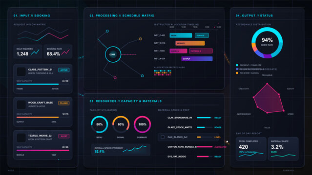 Craft workshop booking dashboard with request inflow, instructor schedule matrix, resource capacity, material stock, attendance chart, and metrics